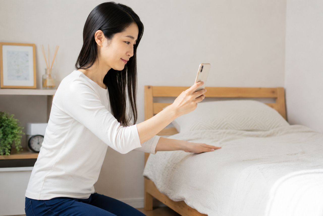 オンラインセルフケア指導の前に、スマートフォンで撮影位置や通信環境を確認する女性