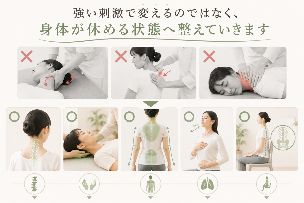 頭痛に対して強い刺激を避け、姿勢・呼吸・身体全体の緊張状態を確認しながら整える施術イメージ