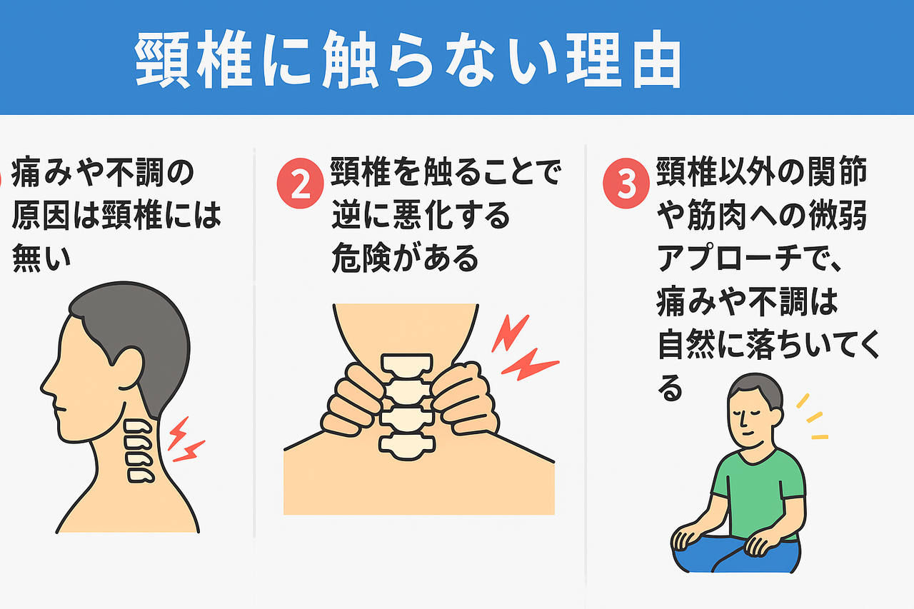 頸椎に触れない3つの理由を図解で解説。原因は頸椎に無く、触ることで悪化のリスクも。微弱なアプローチで自然に症状が落ち着くことを紹介。