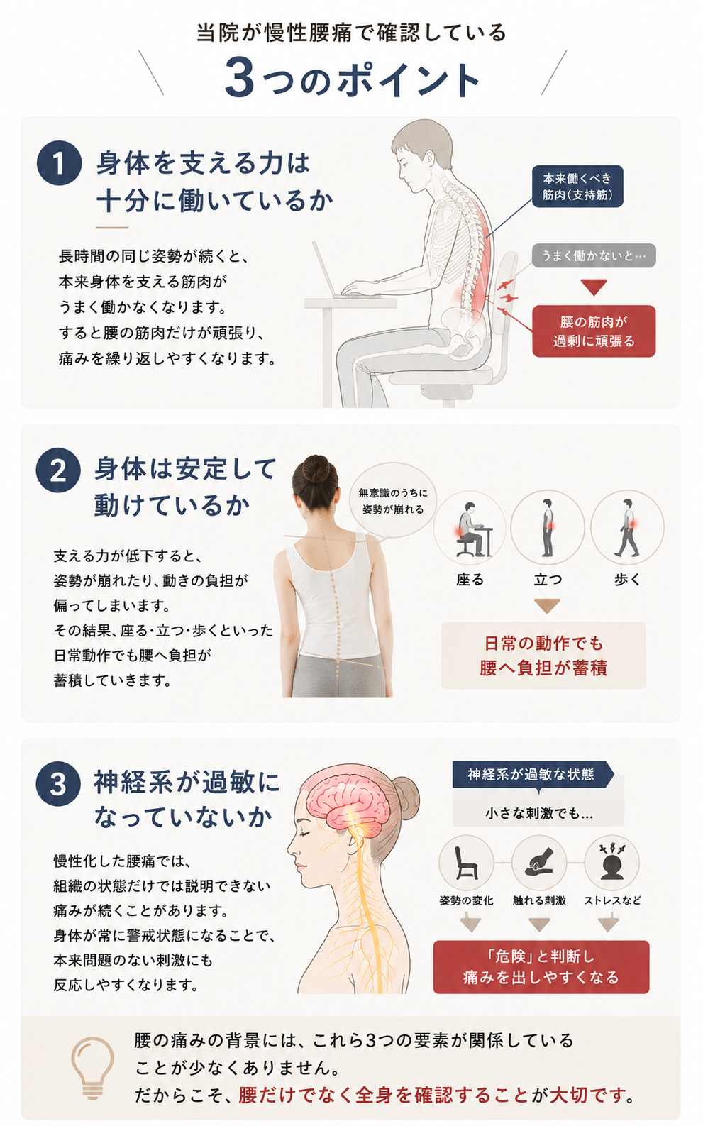 慢性腰痛で確認する身体を支える力・身体の安定性・神経系の状態の3つのポイントを解説した図