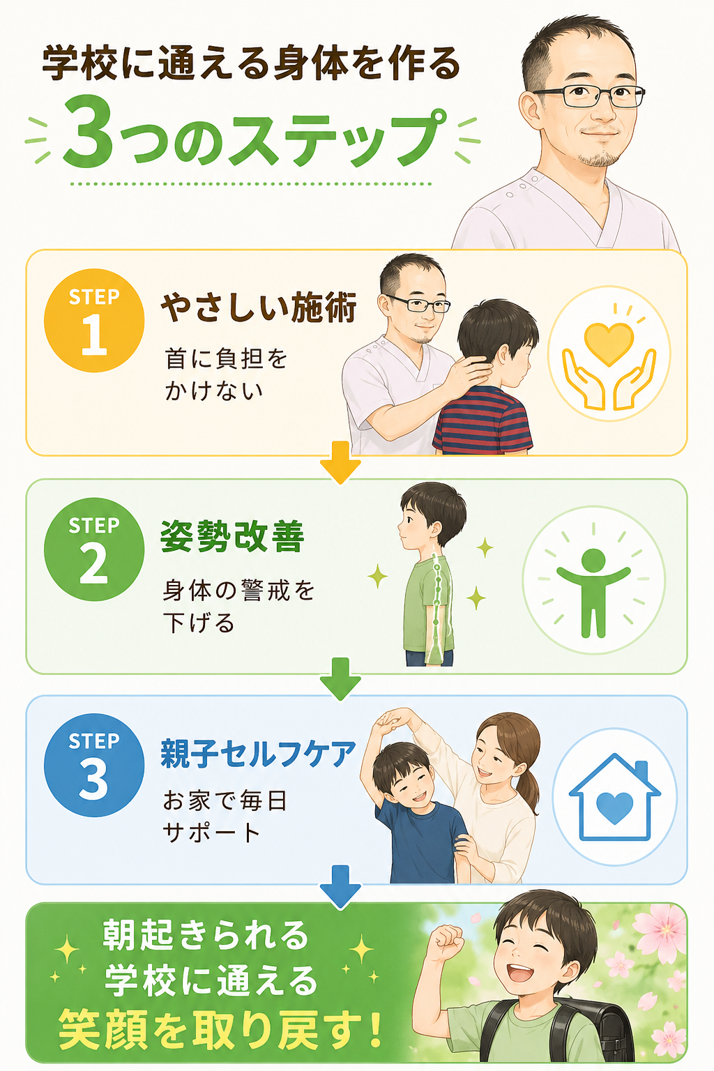 さくら整骨院の子どもに対する施術の3つの特徴を書いた図