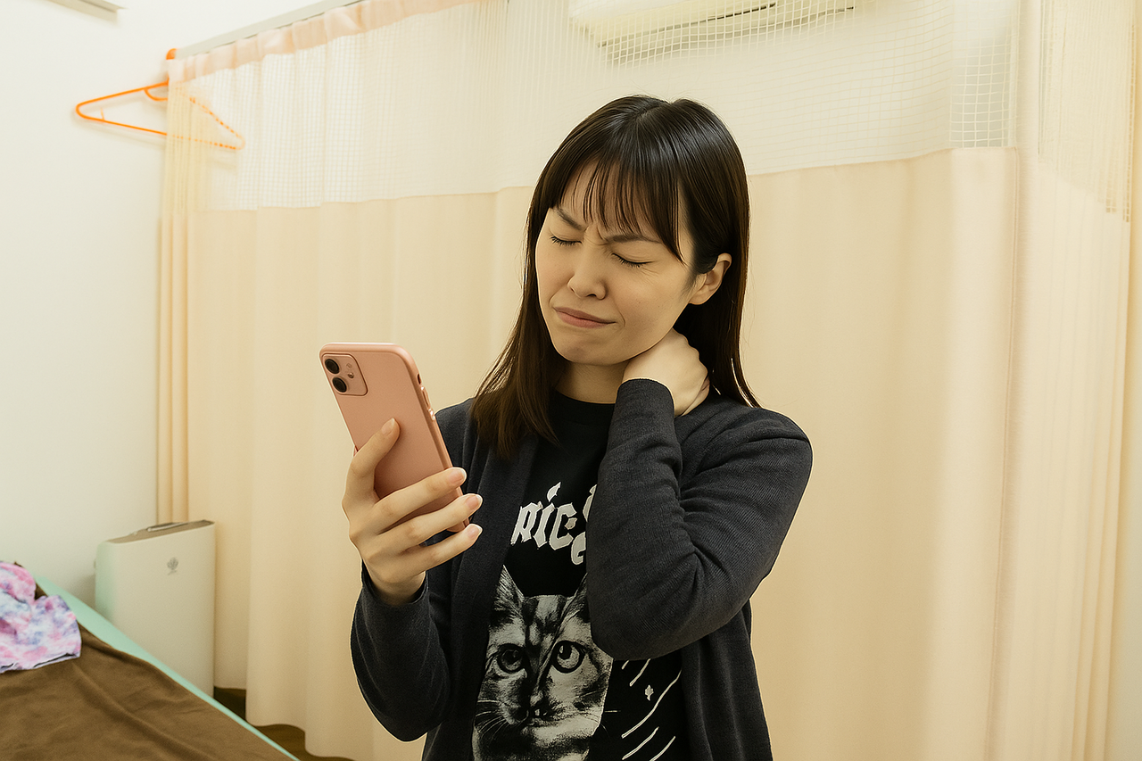 スマートフォンを持ちながら首の痛みで顔をしかめる30代の日本人女性。整体院の施術室にて撮影。