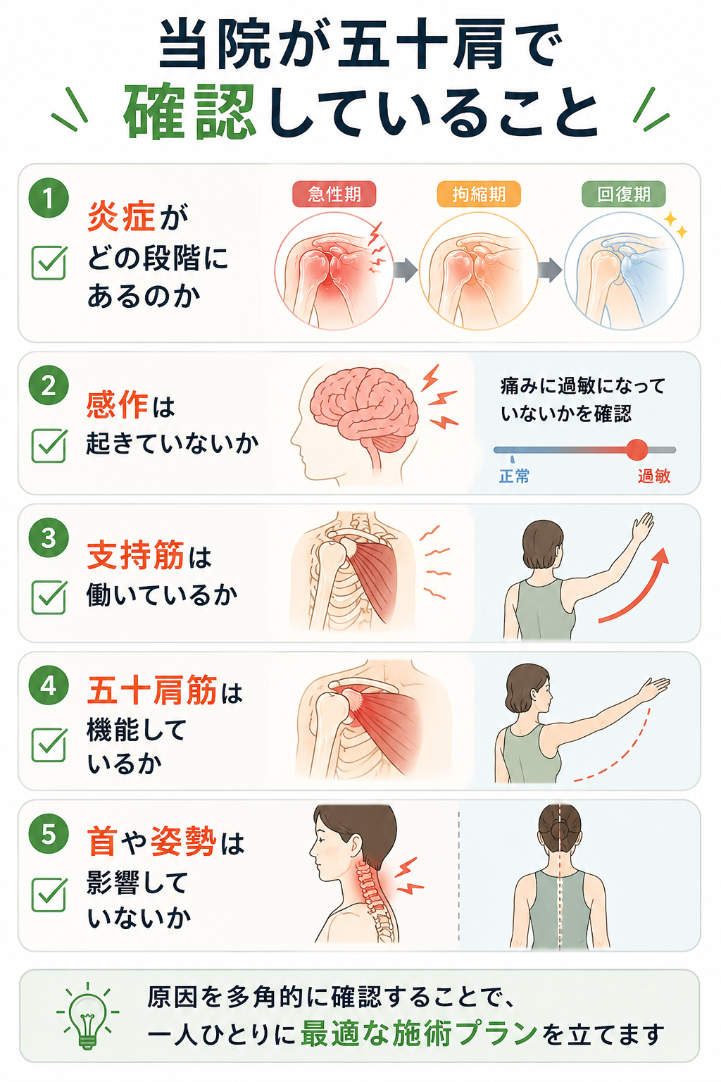 五十肩の改善に向けて、炎症の段階、脳の感作、支持筋、五十肩筋、首や姿勢の影響を確認していることを説明した図