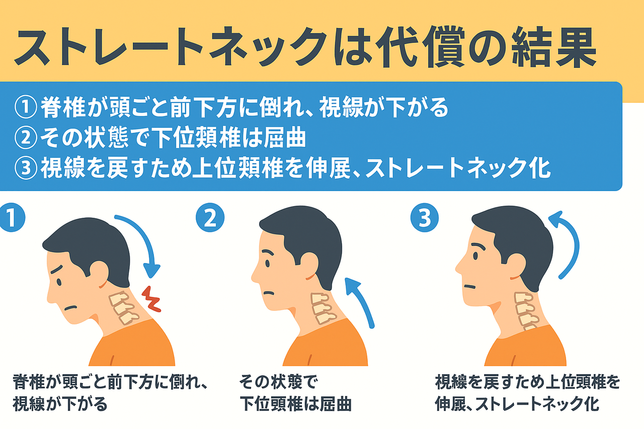 ストレートネックが代償的に起こる過程を3段階で解説。頭と背骨が前に倒れ、下位頸椎が屈曲し、視線を戻すために上位頸椎が伸展してストレートネックとなる。