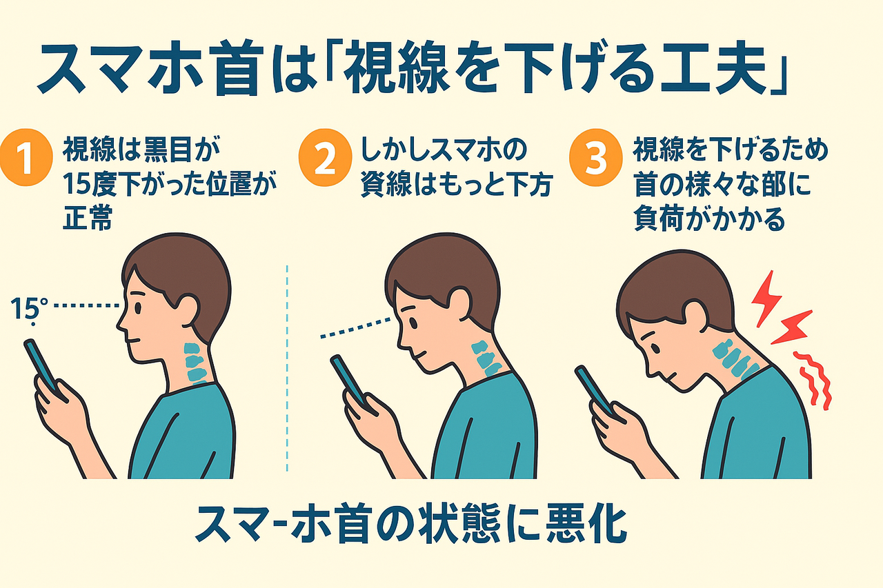 スマートフォンをうつむいて操作する女性の姿勢（スマホ首の原因）