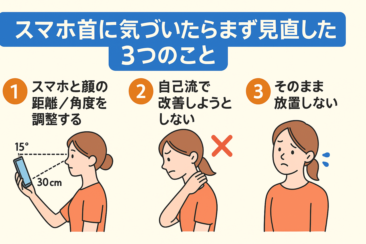 スマホ首に気づいたら見直したい3つのポイントを図解：①スマホと顔の距離・角度（30cm・15度）を調整、②自己流で改善しようとしない、③そのまま放置しない。